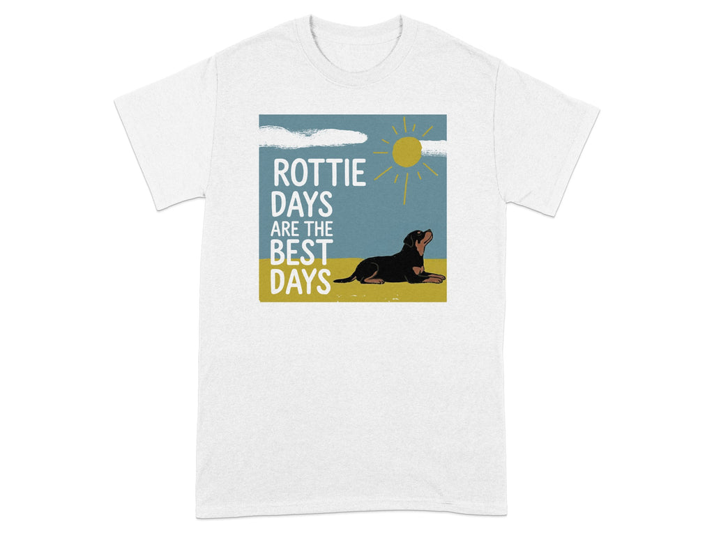 Rottweiler lying down with "Rottie Days Are The Best Days" text and sun.