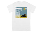 Rottweiler lying down with "Rottie Days Are The Best Days" text and sun.