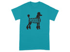 Black poodle silhouette with the word "Poodle" inside the body on a teal t-shirt.