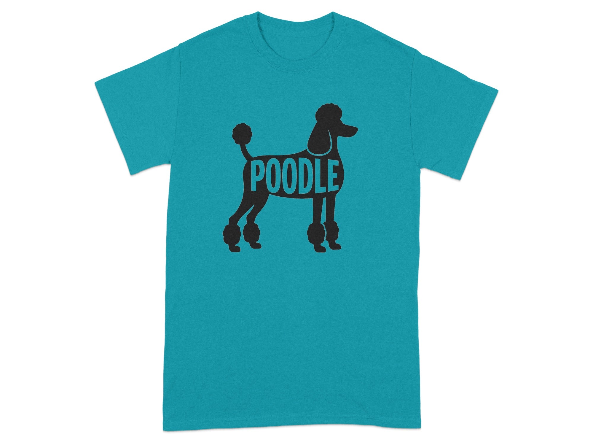 Black poodle silhouette with the word "Poodle" inside the body on a teal t-shirt.