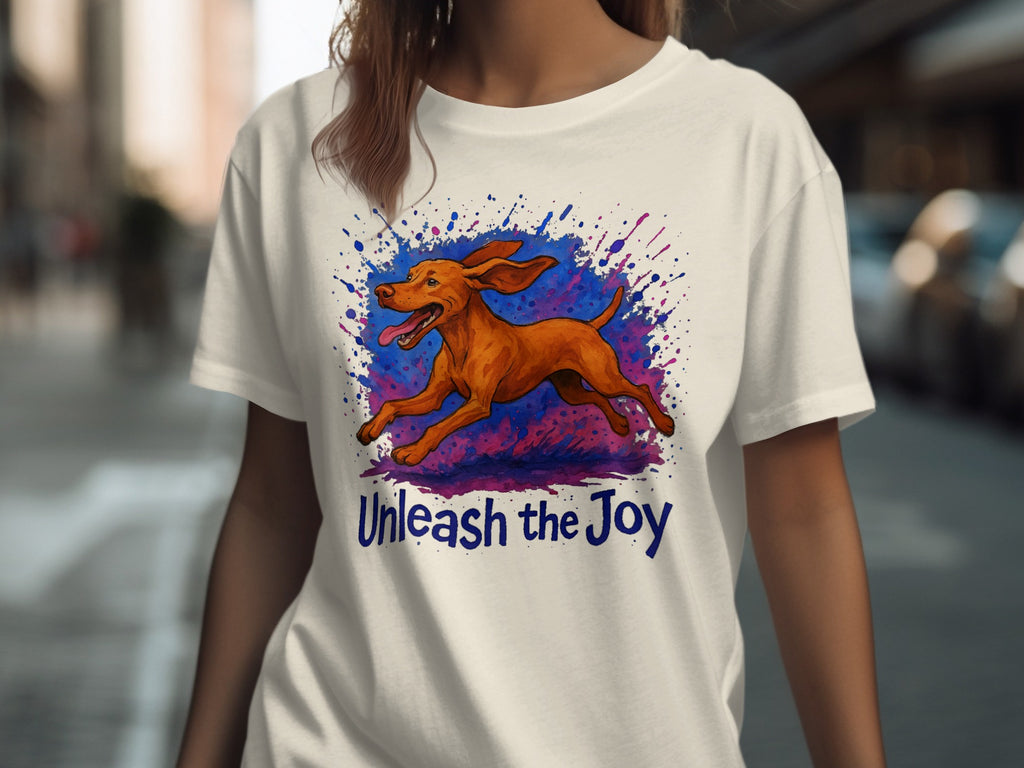 White t-shirt with a brown dog graphic and "Unleash the Joy" text.