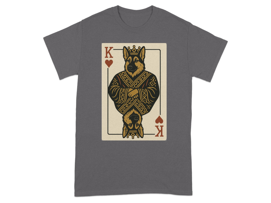King of German Shepherds playing card graphic on a dark grey t-shirt.