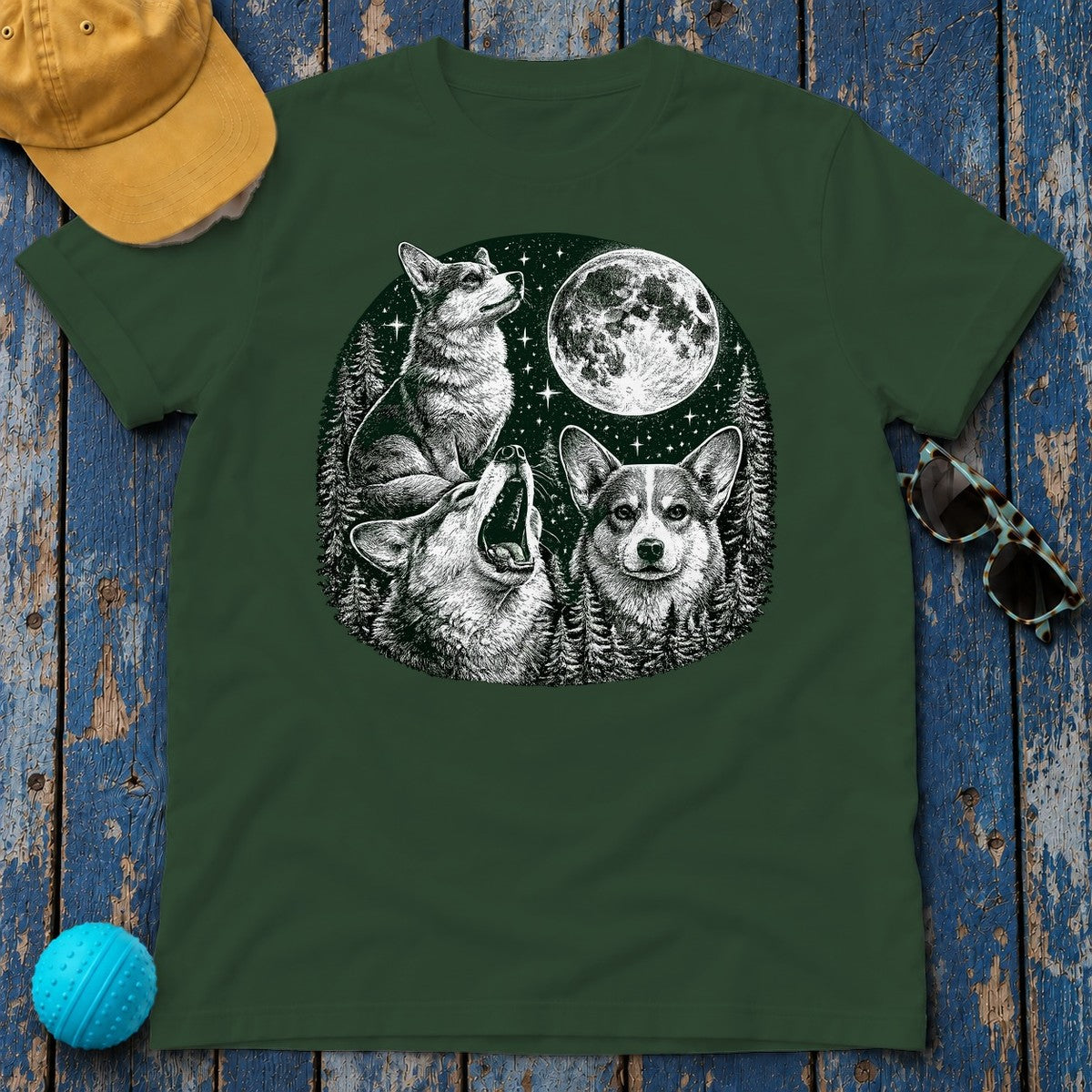 Mystical Corgi Moonlit Forest T-Shirt in Forest Green
