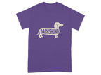 Purple t-shirt with a cream-colored dachshund silhouette filled with the word "DACHSHUND".