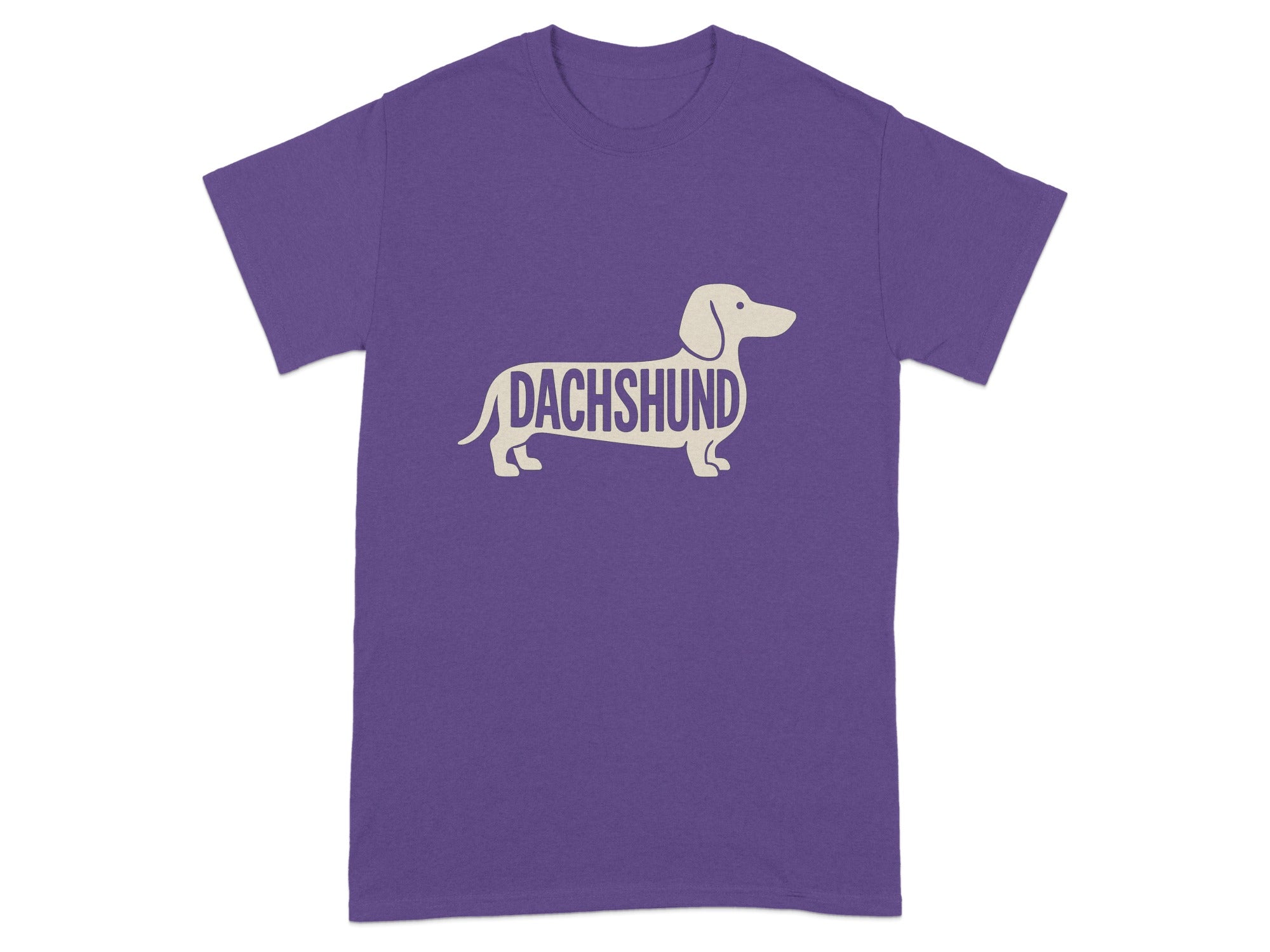 Purple t-shirt with a cream-colored dachshund silhouette filled with the word "DACHSHUND".