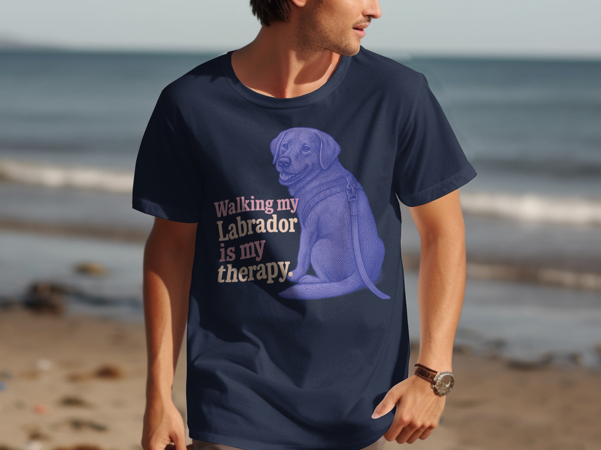 Navy t-shirt with graphic of a Labrador and text "Walking my Labrador is my therapy."