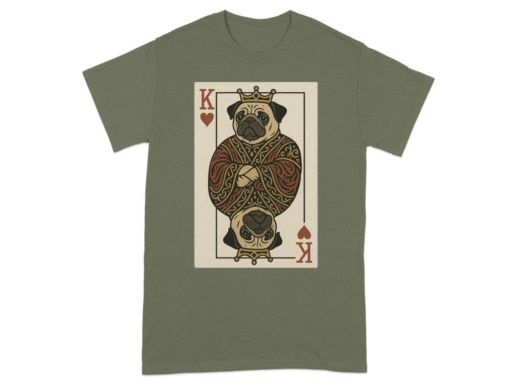 King of Hearts playing card with pug wearing crown, displayed on olive t-shirt.