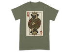 King of Hearts playing card with pug wearing crown, displayed on olive t-shirt.