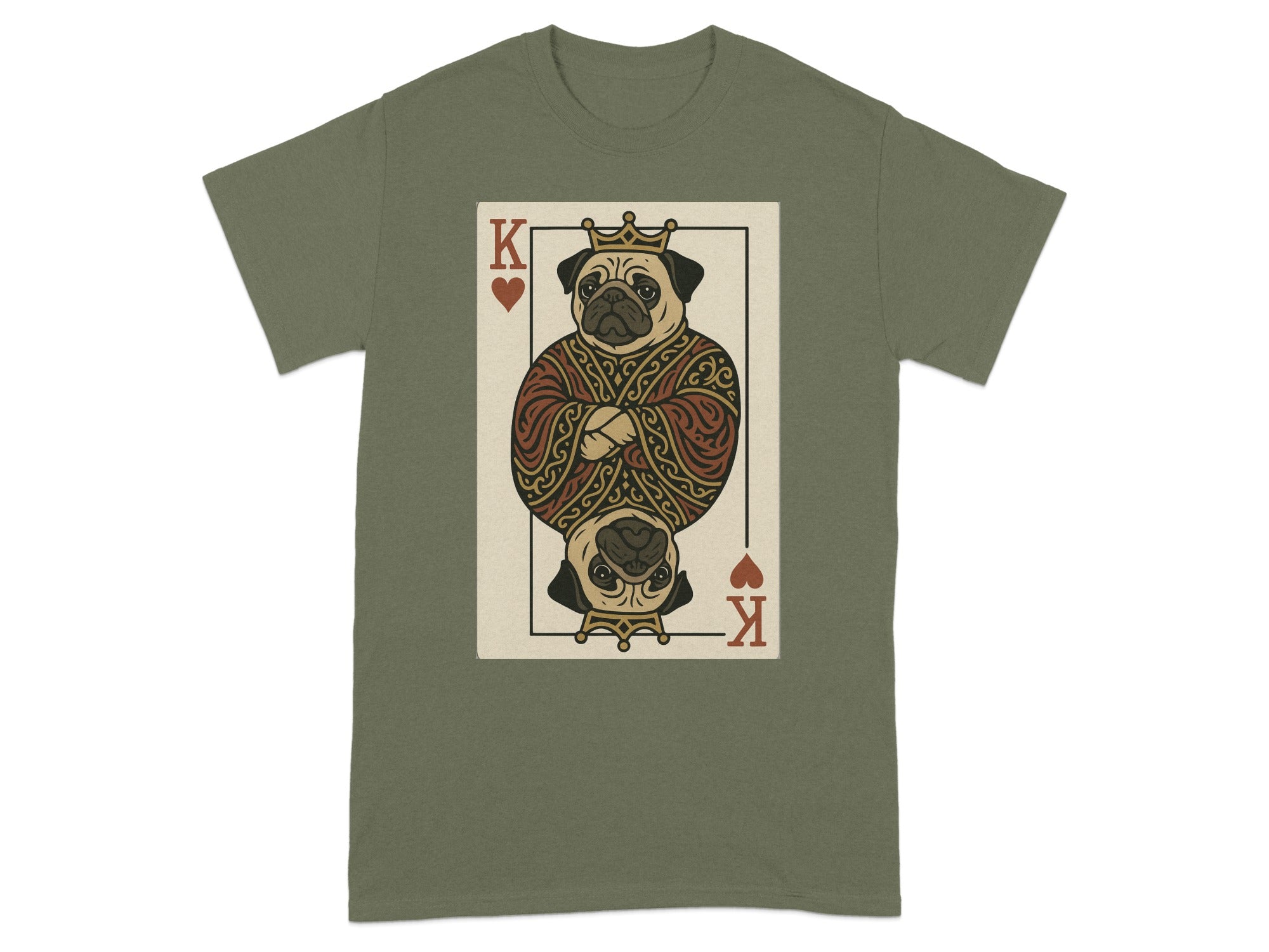 King of Hearts playing card with pug wearing crown, displayed on olive t-shirt.