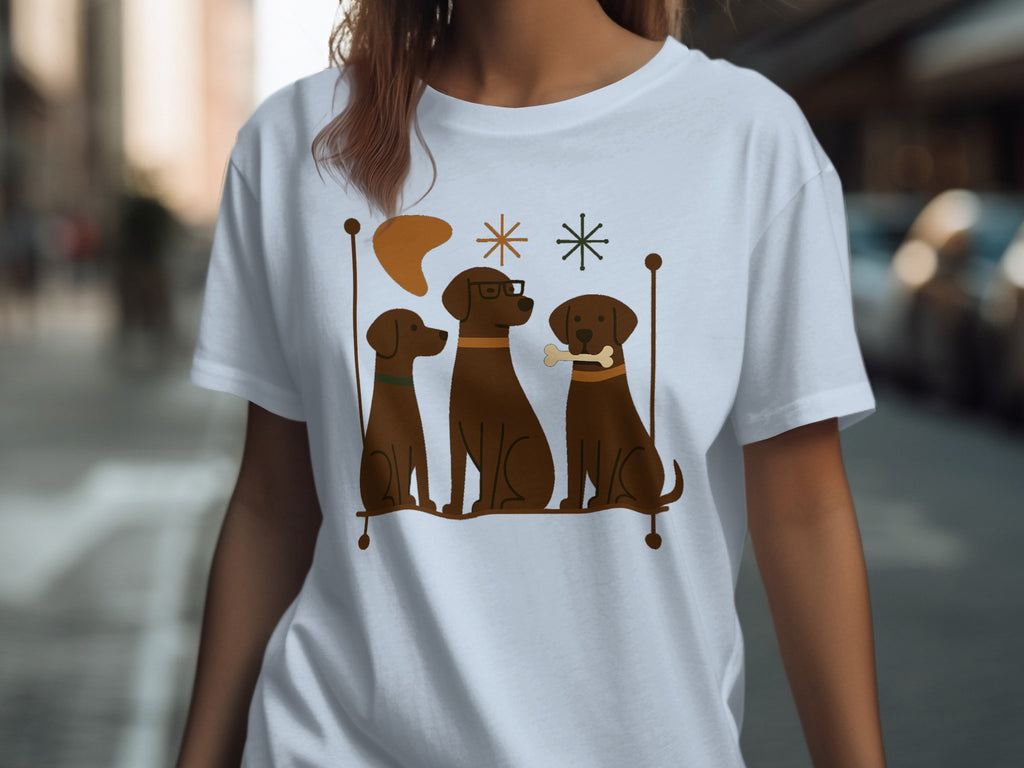 White t-shirt with a graphic of three brown dogs and retro-style accents.