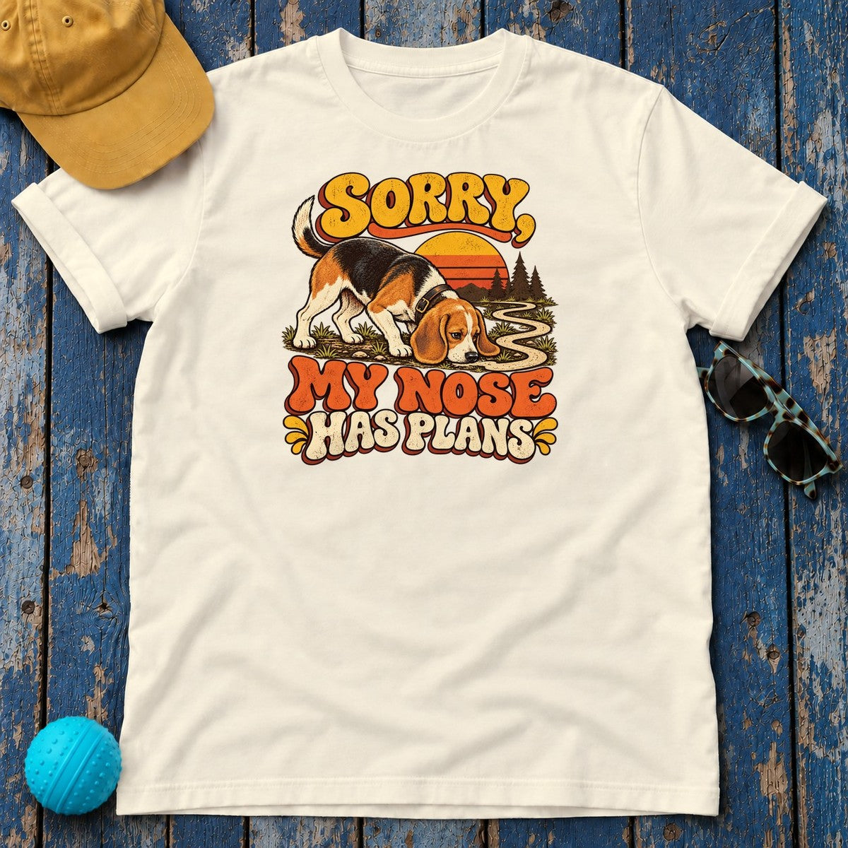 Sorry My Nose Has Plans Beagle T-Shirt in Natural - flat lay