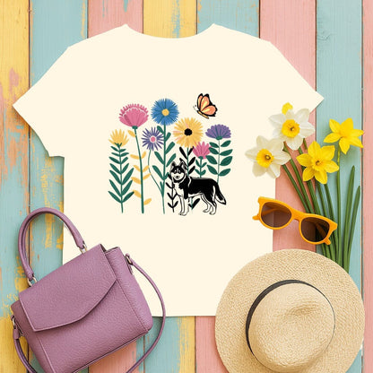 Colorful Floral Print with Dog and Butterfly T-Shirt Product