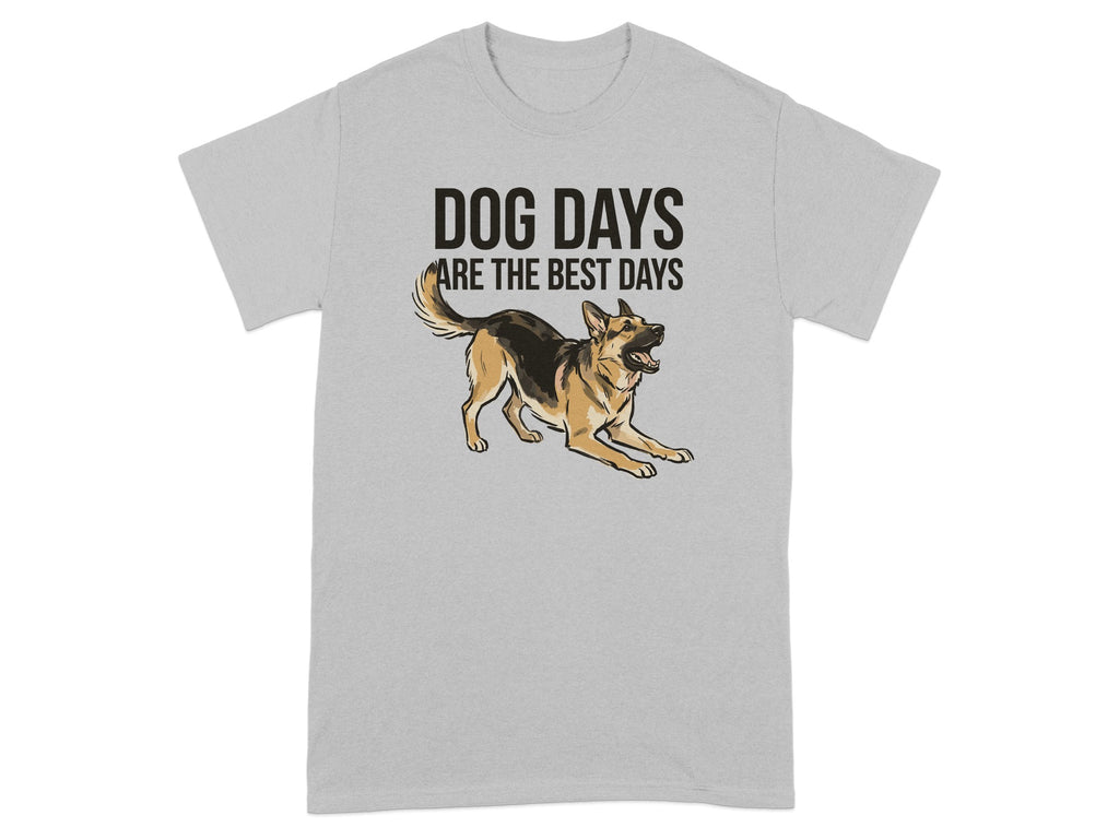 T-shirt with text "DOG DAYS ARE THE BEST DAYS" and German Shepherd illustration.