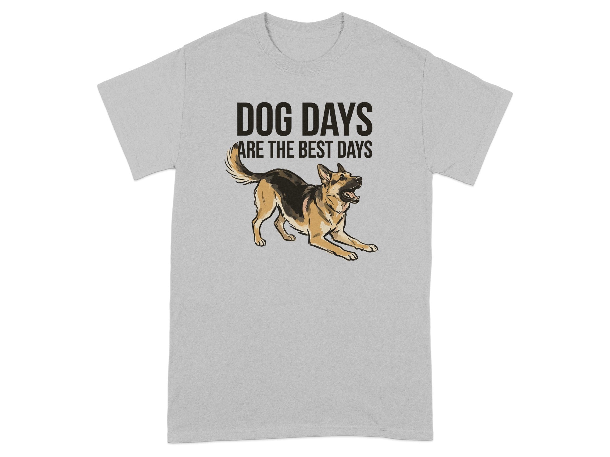 T-shirt with text "DOG DAYS ARE THE BEST DAYS" and German Shepherd illustration.