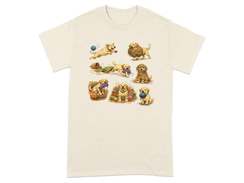 Seven playful puppies interact with colorful yarn balls and knitting supplies.
