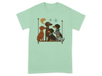 Five dogs of various breeds and colors sit together in a framed illustration on a mint green t-shirt.