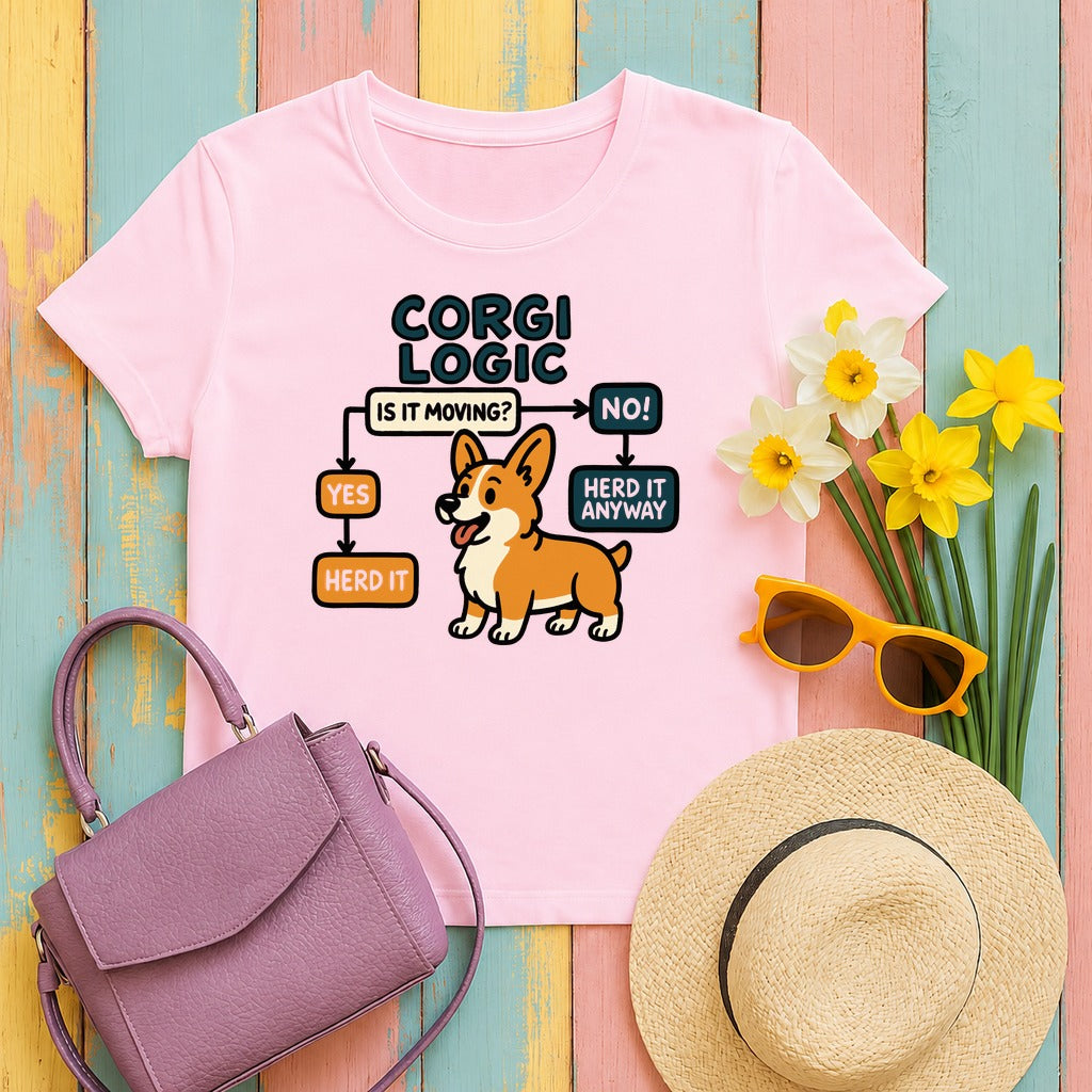 Corgi Logic Flowchart Illustrated T-Shirt in Light Pink