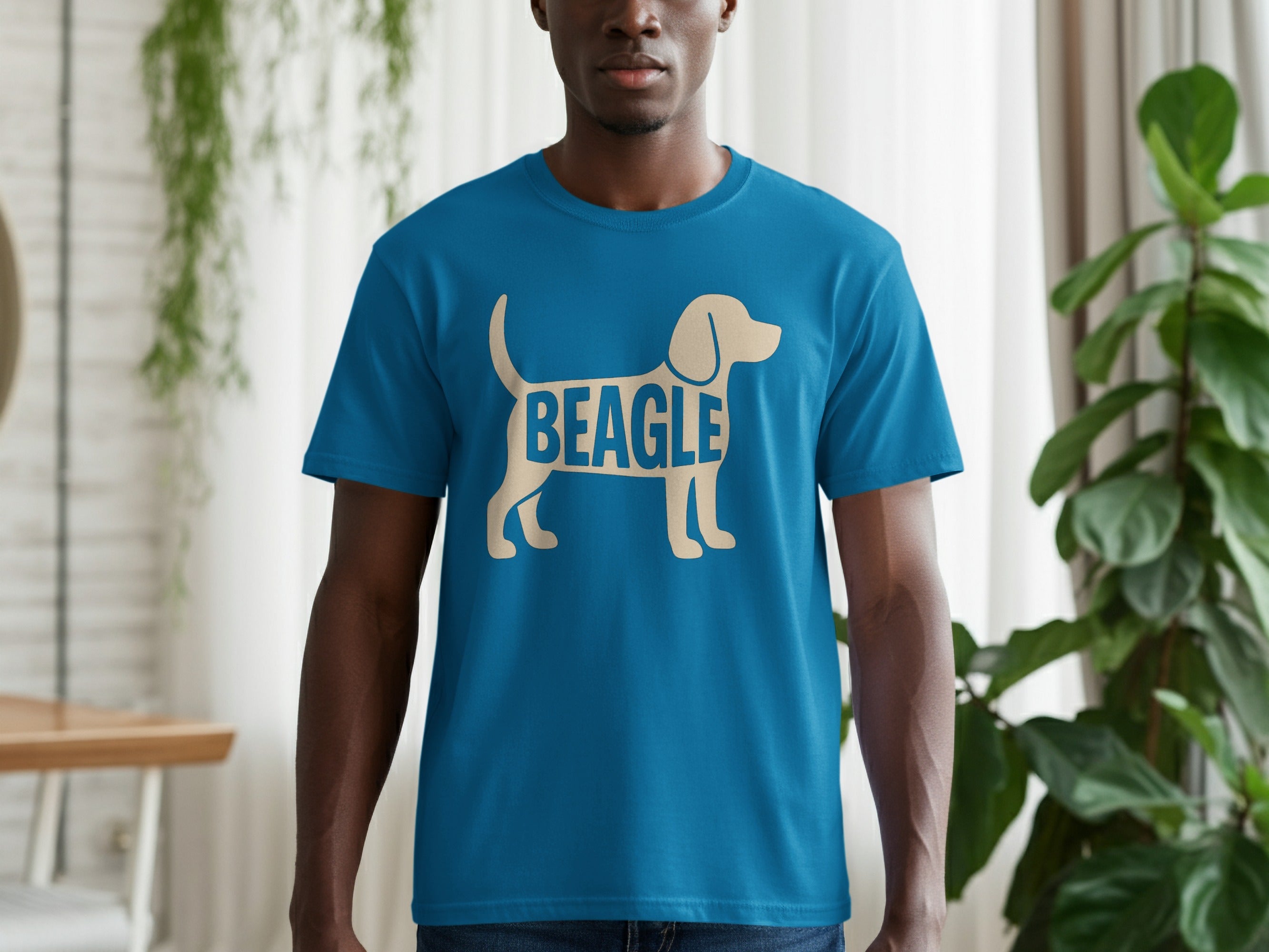 Beagle dog silhouette with the word "BEAGLE" across its body on a blue t-shirt.