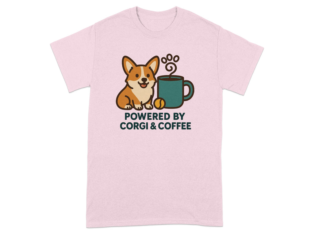 Cute corgi with a mug of coffee and text "POWERED BY CORGI & COFFEE".