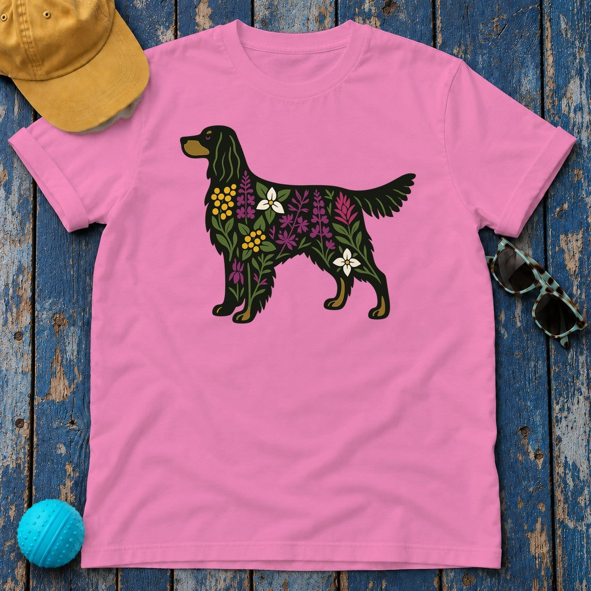 Floral Silhouette of a Black Gordon Setter Elegant Design T-Shirt in Azalea