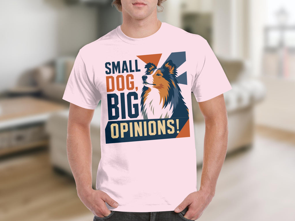 Pink t-shirt with "SMALL DOG, BIG OPINIONS!" text and dog illustration.