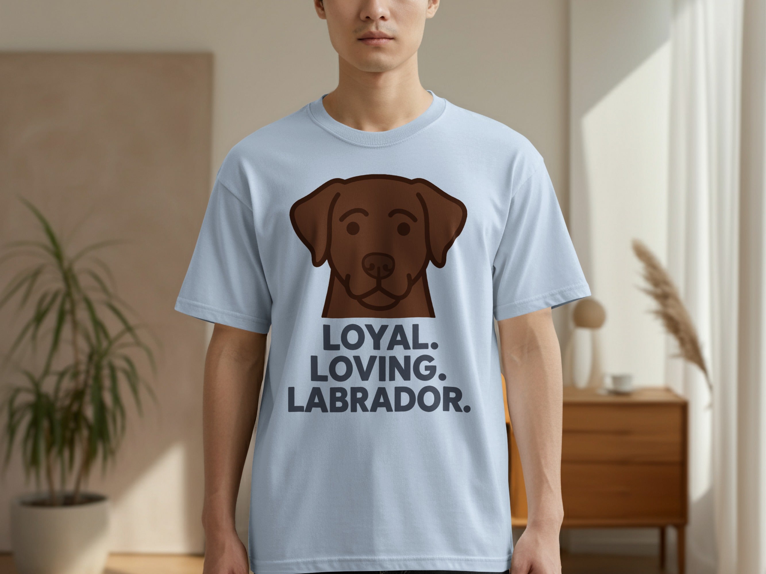 Light blue t-shirt with a brown Labrador face and text "LOYAL. LOVING. LABRADOR."
