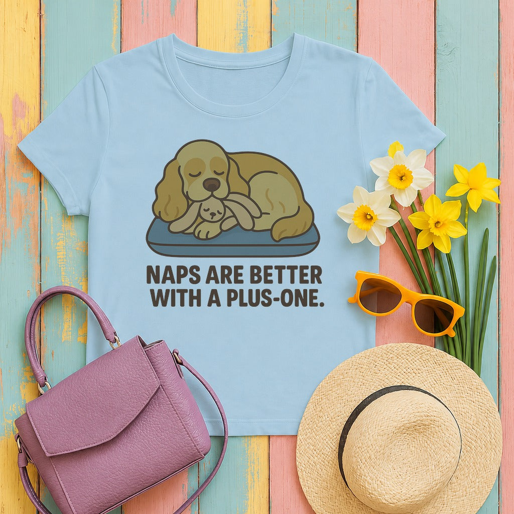 cocker spaniel plus-one-naps tee flat lay hero