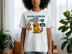 White t-shirt with "Golden Retriever Logic" flowchart and illustration.