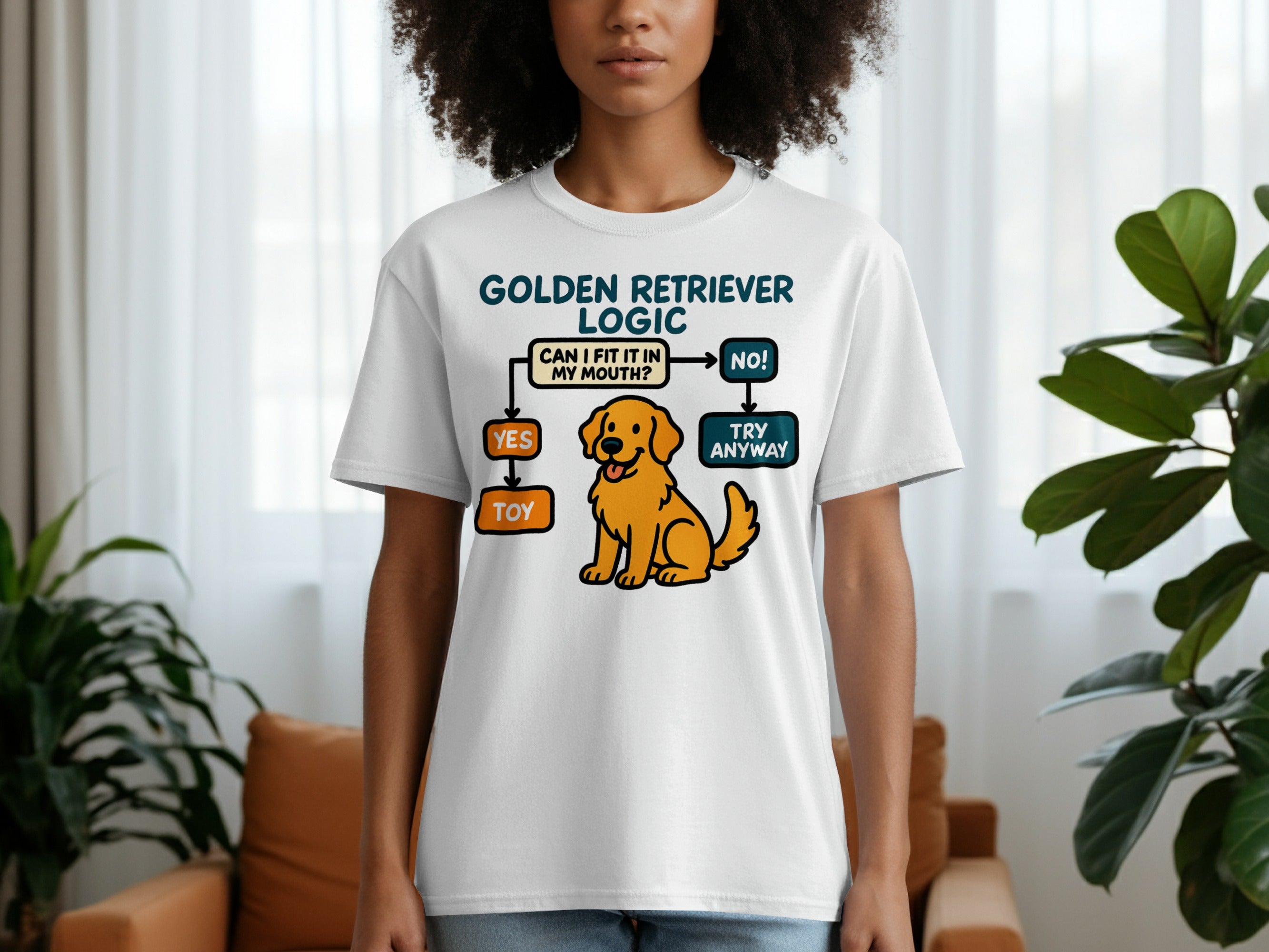 White t-shirt with "Golden Retriever Logic" flowchart and illustration.
