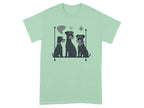 Three schnauzers sit in a row with abstract shapes and stars above.
