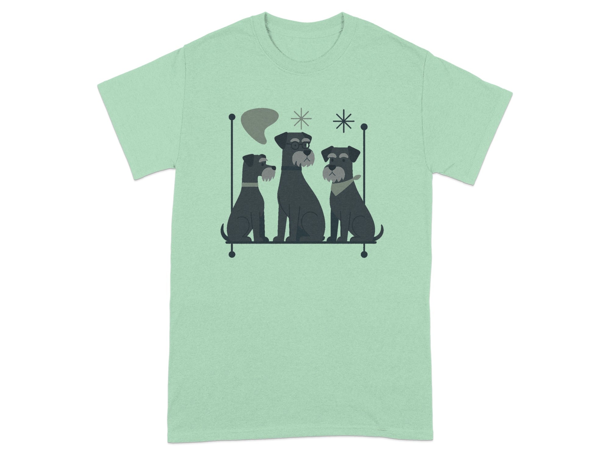 Three schnauzers sit in a row with abstract shapes and stars above.