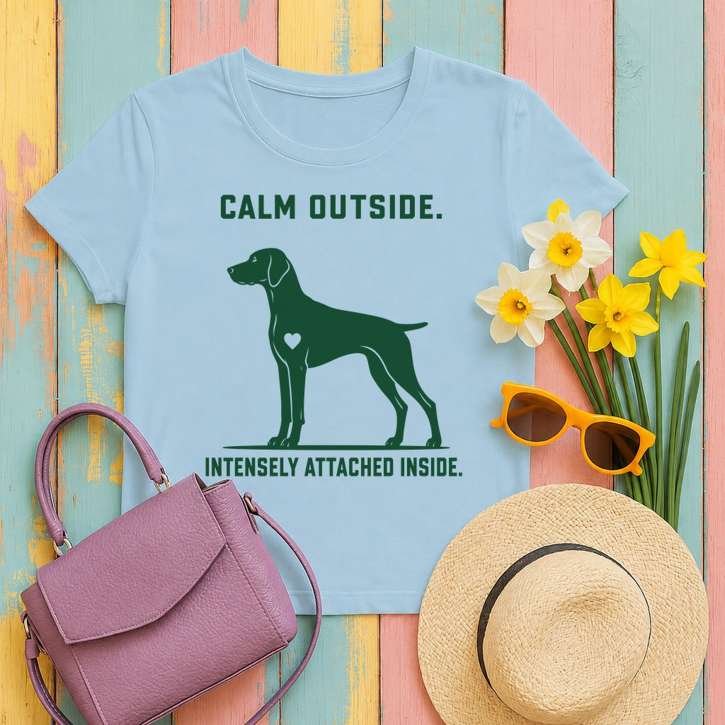 Calm Outside, Attached Inside Vizsla T-Shirt in Light Blue