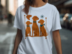 Three brown dogs sit on a line, one wears glasses and a bandana.