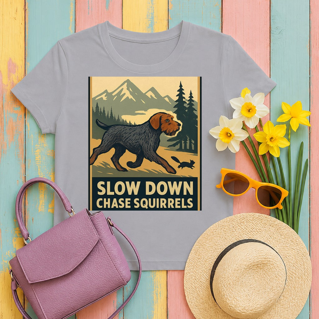 Wirehaired Pointing Griffon Slow Down Chase Squirrels T-shirt in Athletic Heather