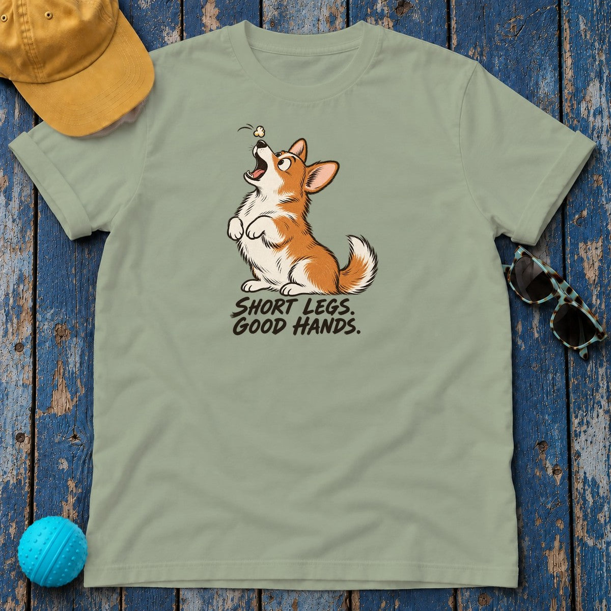Short Legs Good Hands Corgi T-Shirt in Sage - flat lay
