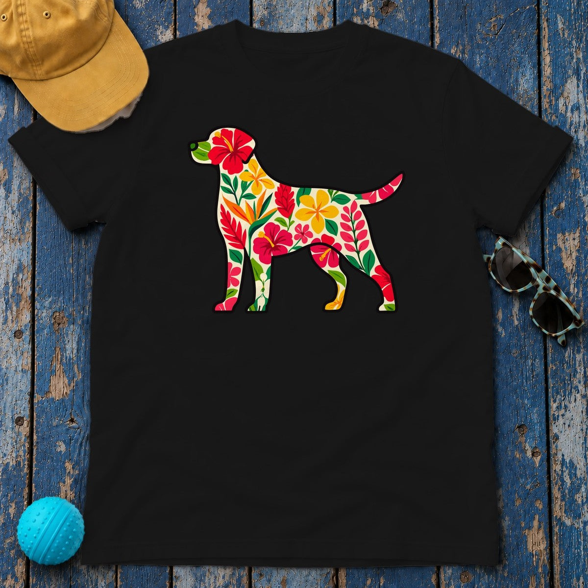 Floral Labrador with Hawaiian Flowers T-Shirt in Black