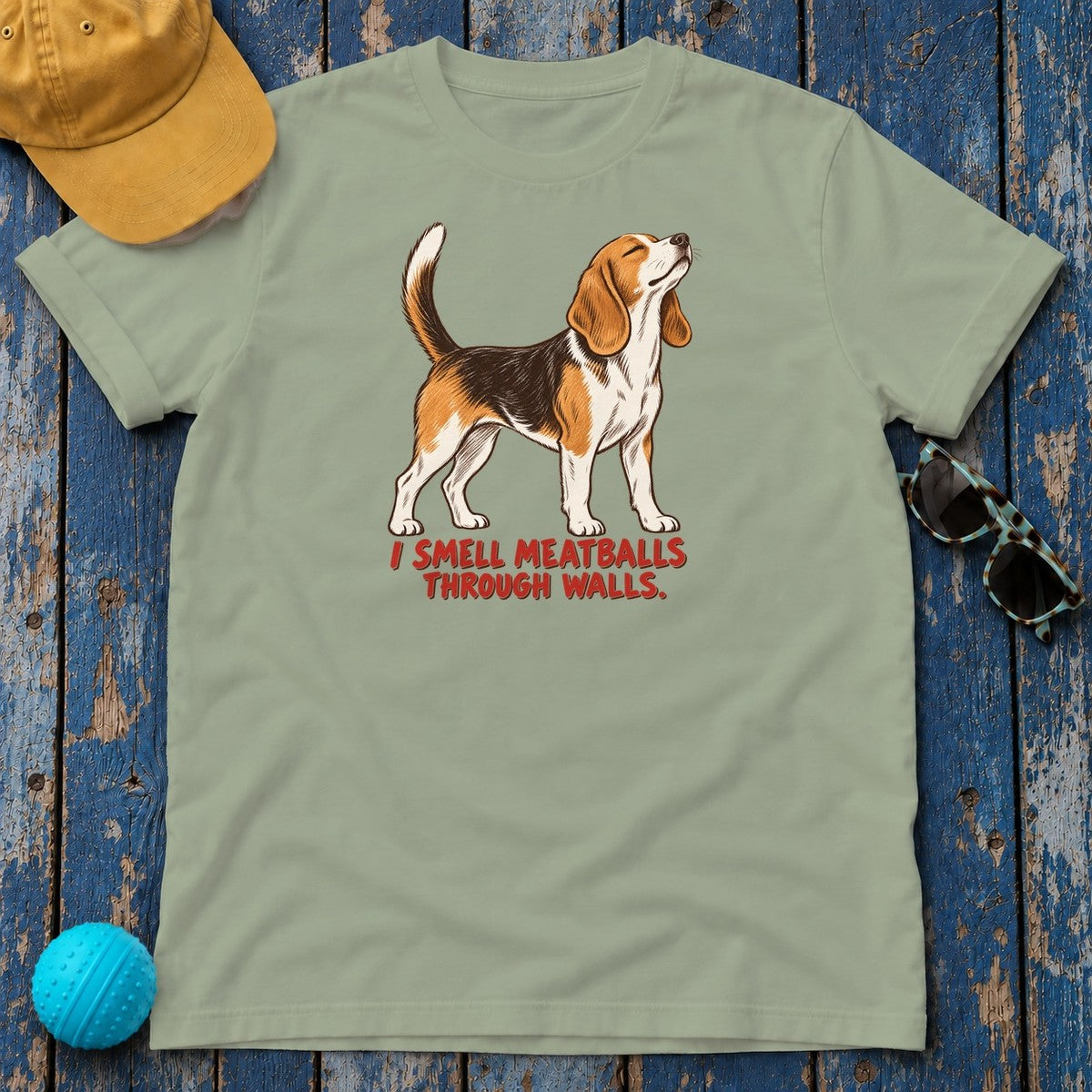 I Smell Meatballs Through Walls Beagle T-Shirt in Sage - flat lay