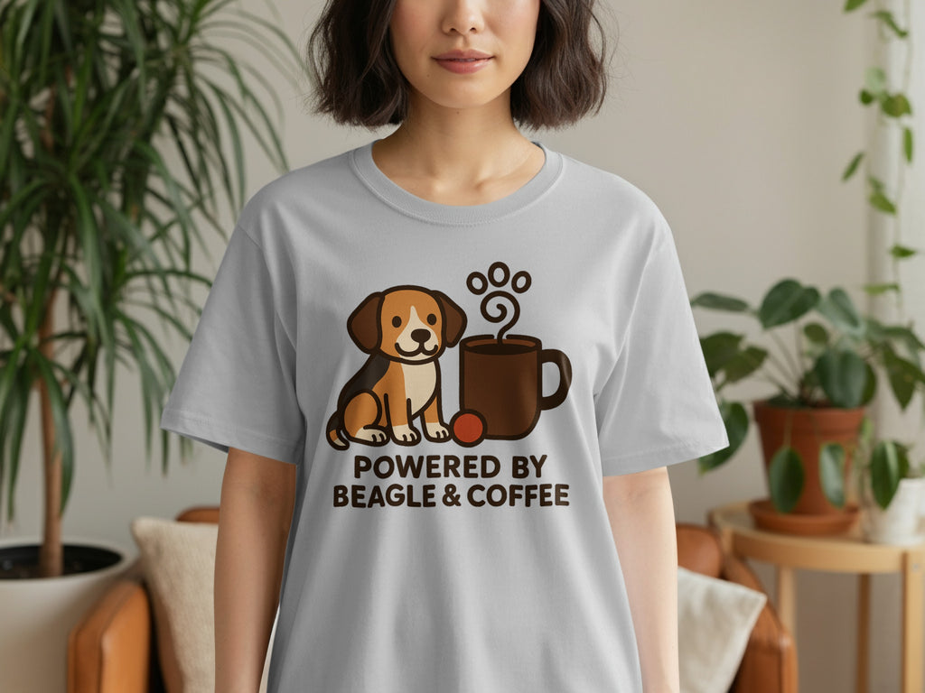 Gray t-shirt with graphic of beagle, coffee mug, and text "POWERED BY BEAGLE & COFFEE".