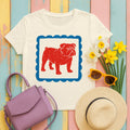 Red Bulldog on Blue Border Doodle Drawing Art T-Shirt in Natural