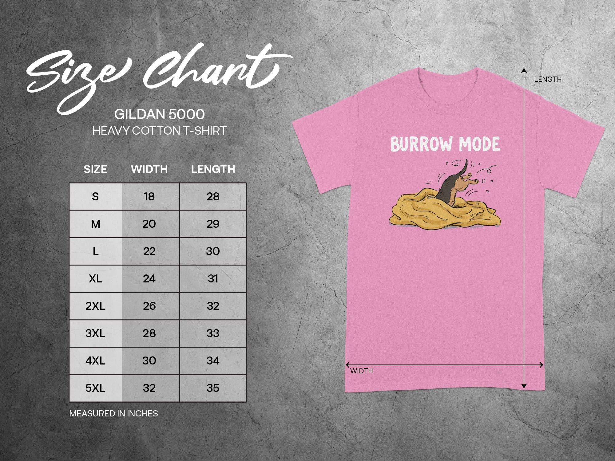 Gildan 5000 size chart for heavy cotton t-shirts with graphic.