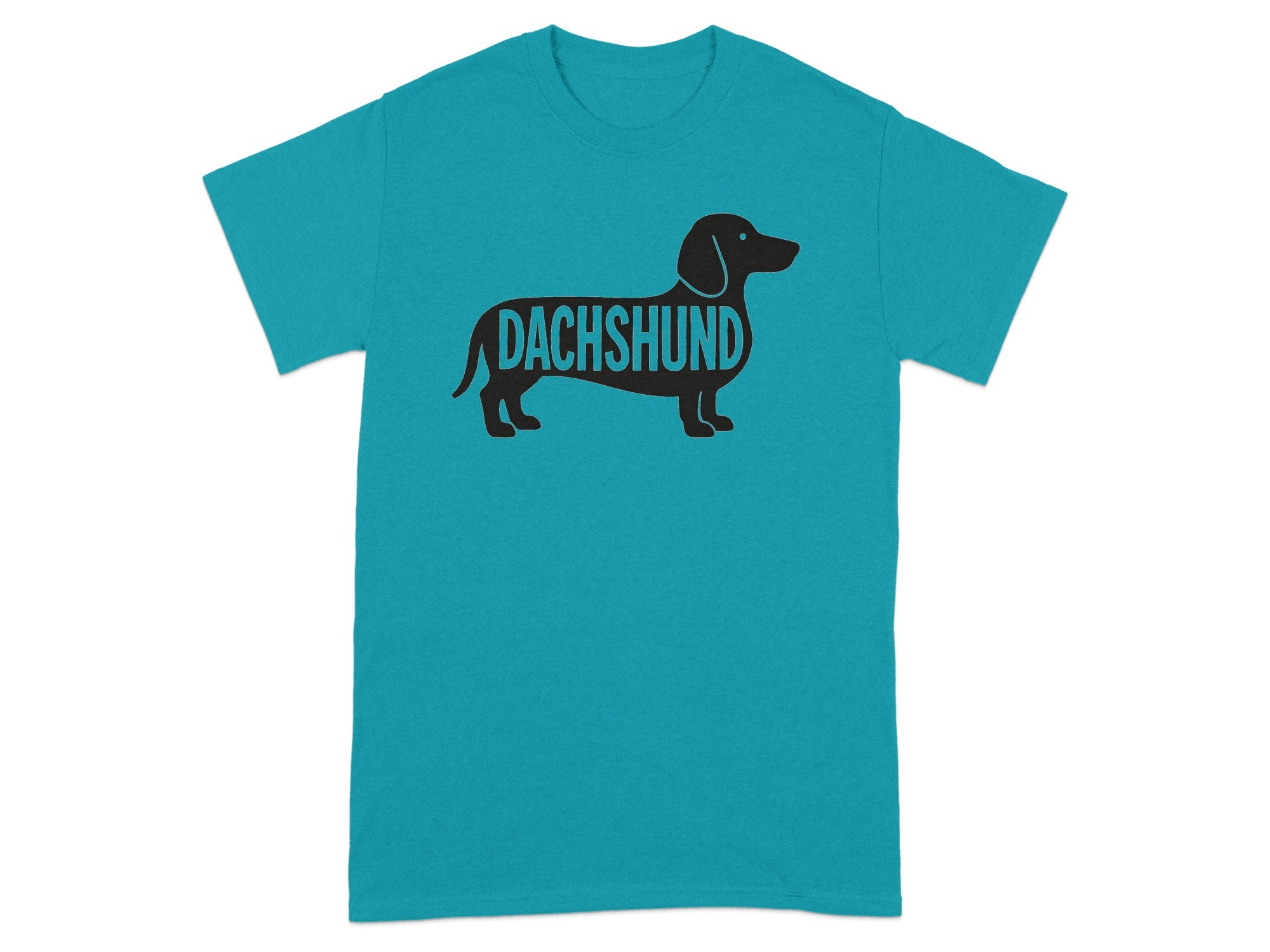 Teal t-shirt with a black silhouette of a dachshund that spells out "DACHSHUND".