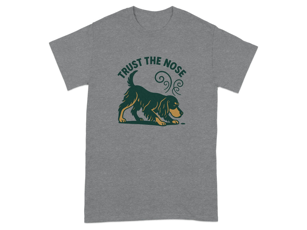 Grey t-shirt with green dog illustration and text "TRUST THE NOSE".