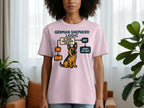 T-shirt with a German Shepherd logic flowchart including a dog illustration.