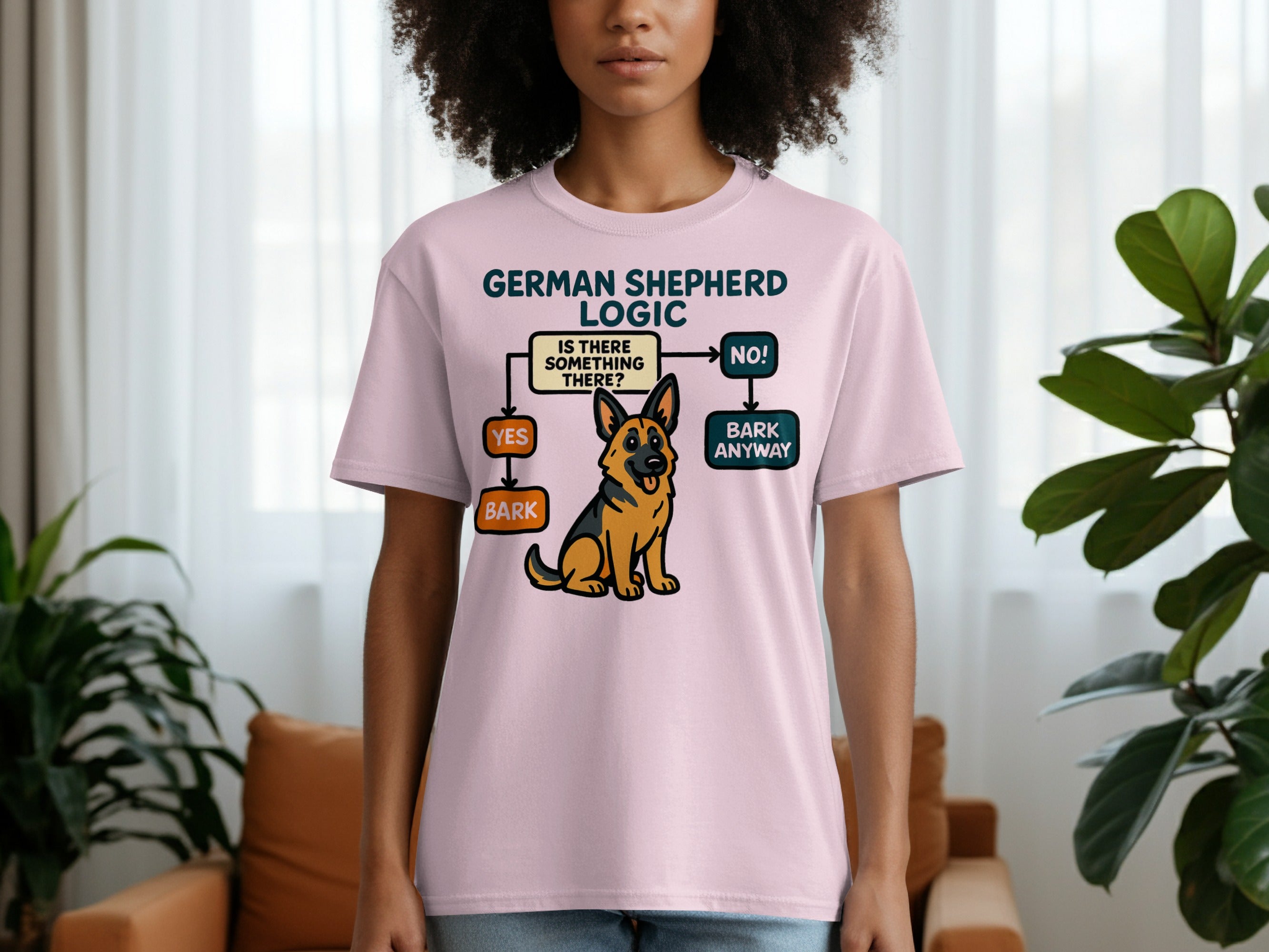 T-shirt with a German Shepherd logic flowchart including a dog illustration.