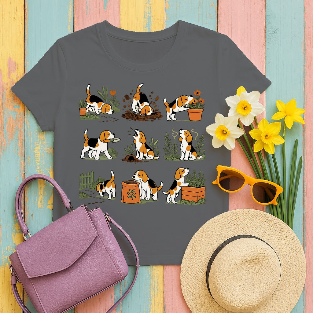 Whimsical Garden Beagle T-Shirt in Graphite Heather