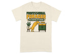 T-shirt with "PROFESSIONAL FORAGER NO COUNTER LEFT BEHIND" and a dog reaching for food.