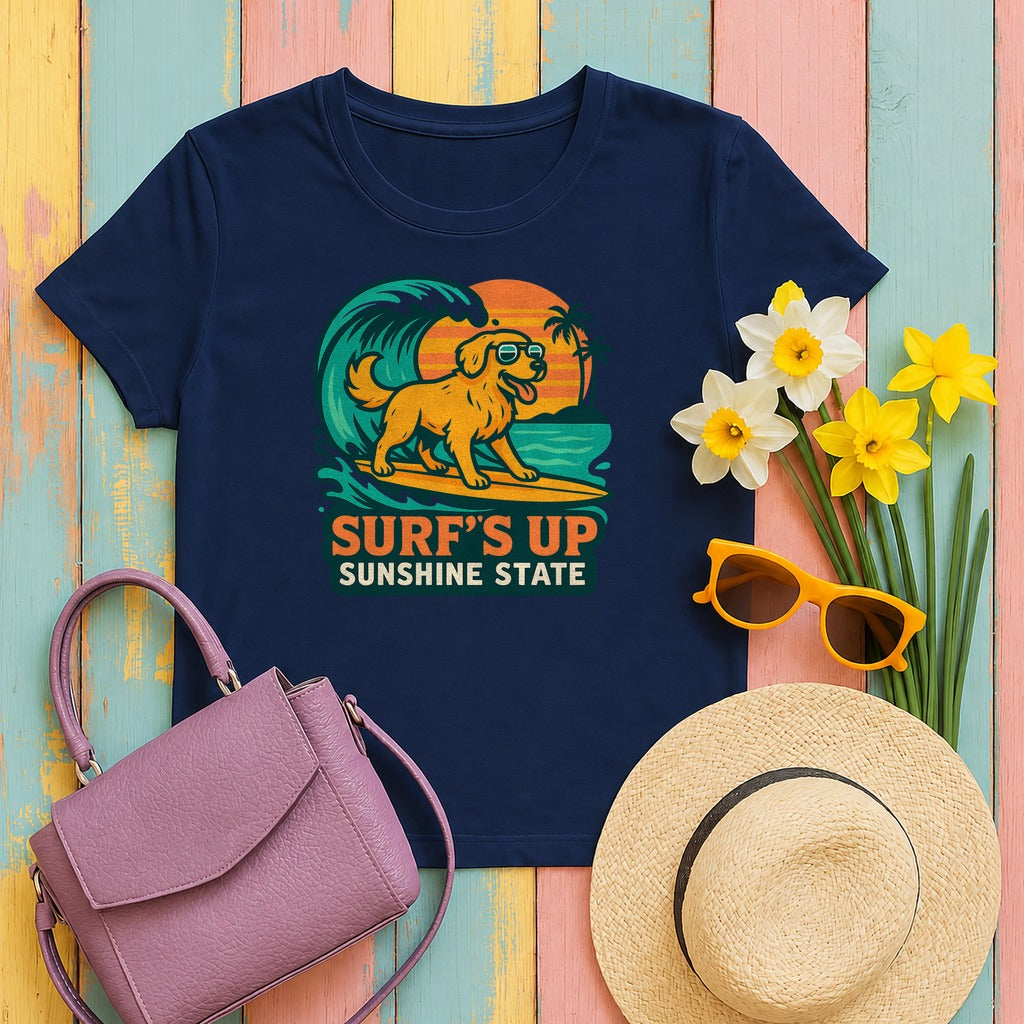 Surf's Up Sunshine State Golden Retriever Surfing T-Shirt in Navy