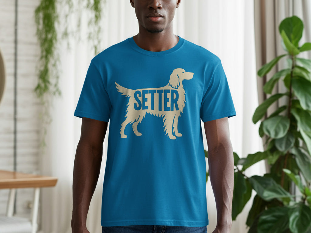 Blue t-shirt with a tan Setter dog silhouette and the word "SETTER".