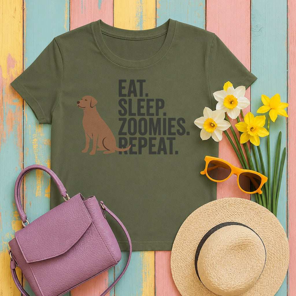 Eat Sleep Zoomies Repeat Dog T-Shirt in Military Green