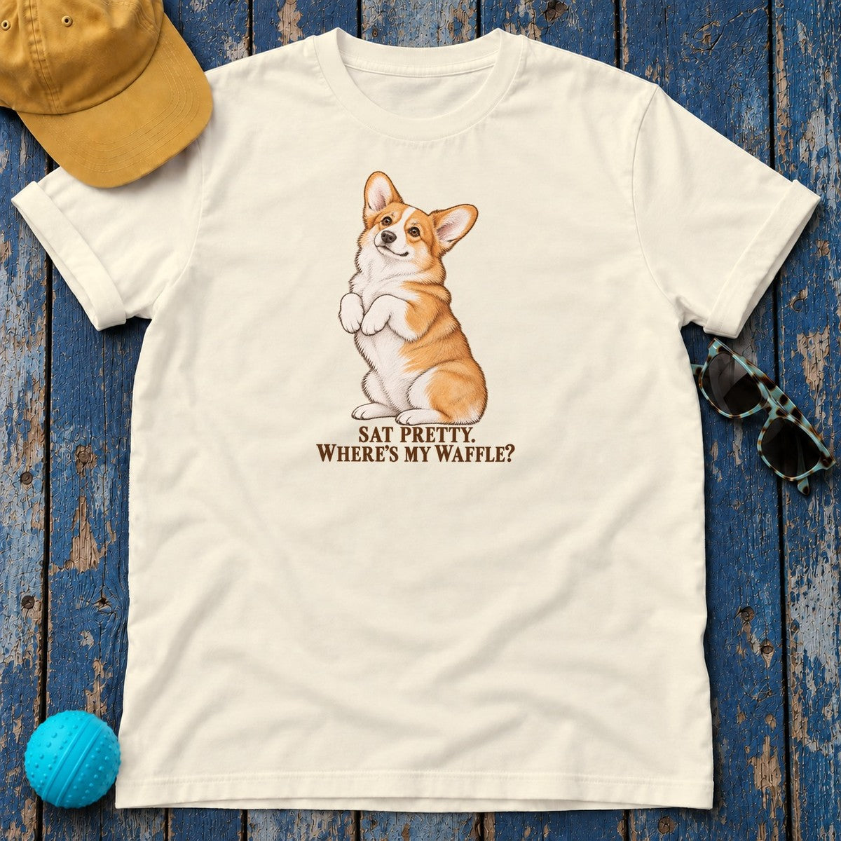 Sat Pretty Where's My Waffle Corgi T-Shirt in Natural - flat lay
